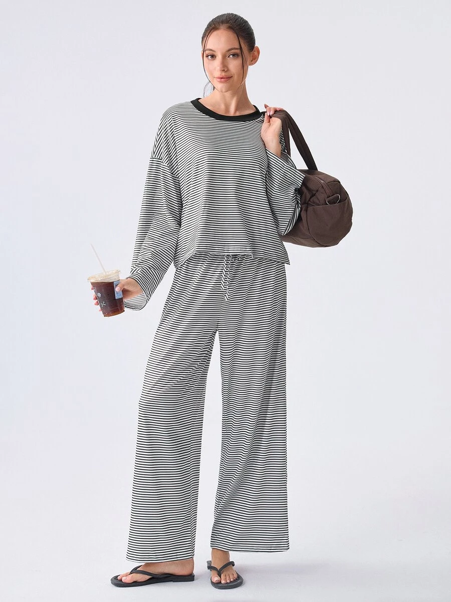 Loungeista 新款條紋寬鬆女款居家服套裝,慵懶長袖寬腿褲休閒兩件套,適合戶外穿著 - 黑色 - 查看 1