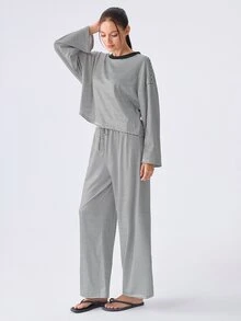 Loungeista 新款條紋寬鬆女款居家服套裝，慵懶長袖寬腿褲休閒兩件套，適合戶外穿著 - 黑色 - 查看 4