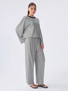 Loungeista 新款條紋寬鬆女款居家服套裝，慵懶長袖寬腿褲休閒兩件套，適合戶外穿著 - 黑色 - 查看 5