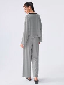 Loungeista 新款條紋寬鬆女款居家服套裝，慵懶長袖寬腿褲休閒兩件套，適合戶外穿著 - 黑色 - 查看 2