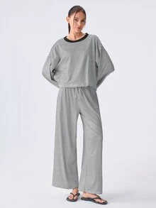 Loungeista 新款條紋寬鬆女款居家服套裝，慵懶長袖寬腿褲休閒兩件套，適合戶外穿著 - 黑色 - 查看 3