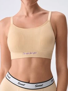 Loungeista 1pc Nude Vertical Stripe Letter Embroidery Wireless Bra, Adjustable Spaghetti Strap Thin Pad Comfortable Bra, High Elasticity Seamless Sports Bra, Suitable For Daily Wear, Home Leisure, Light Yoga Fitness, Inner Layering, All-Day Soft And Snug Fit - Apricot - View 6