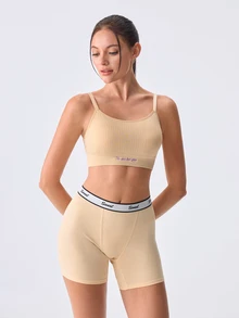 Loungeista 1pc Nude Vertical Stripe Letter Embroidery Wireless Bra, Adjustable Spaghetti Strap Thin Pad Comfortable Bra, High Elasticity Seamless Sports Bra, Suitable For Daily Wear, Home Leisure, Light Yoga Fitness, Inner Layering, All-Day Soft And Snug Fit - Apricot - View 3