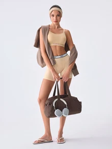 Loungeista 1pc Nude Vertical Stripe Letter Embroidery Wireless Bra, Adjustable Spaghetti Strap Thin Pad Comfortable Bra, High Elasticity Seamless Sports Bra, Suitable For Daily Wear, Home Leisure, Light Yoga Fitness, Inner Layering, All-Day Soft And Snug Fit - Apricot - View 7