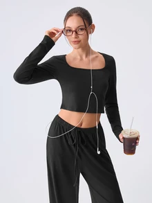Loungeista 秋季新品休閒長褲方領長袖短版上衣歐美風女式運動居家服套裝 - 黑色 - 查看 8