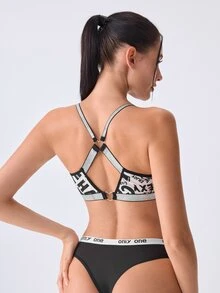 Loungeista Women's Letter Print Wireless Bra With Silver Spaghetti Strap, Y-Back Heart Ring Design, Adjustable Straps, No Padding, Soft Everyday Bra - Black and White - View 2