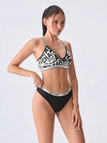 Loungeista Women's Letter Print Wireless Bra With Silver Spaghetti Strap, Y-Back Heart Ring Design, Adjustable Straps, No Padding, Soft Everyday Bra - Black and White - View 4