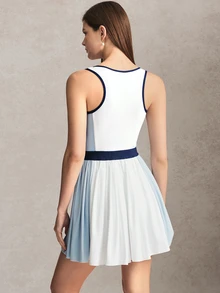 Activina Women's White & Blue Colorblock Round Neck Half-Zip Sports Dress + Sports Tight Shorts Set - White - View 2