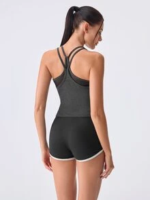 Loungeista 1件女款春夏Y型網眼露背瑜伽背心，內建固定胸墊2合1免內衣設計，高彈性修身賽車背心，適合日常穿著 - 深灰色 - 查看 2