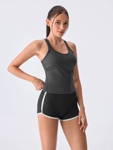 Loungeista 1件女款春夏Y型網眼露背瑜伽背心，內建固定胸墊2合1免內衣設計，高彈性修身賽車背心，適合日常穿著 - 深灰色 - 查看 5