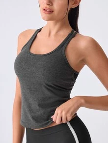 Loungeista 1件女款春夏Y型網眼露背瑜伽背心，內建固定胸墊2合1免內衣設計，高彈性修身賽車背心，適合日常穿著 - 深灰色 - 查看 6