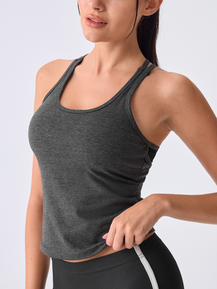Loungeista 1pc Women's Spring/Summer Y-Shaped Mesh Back Yoga Tank Top, Built-In Fixed Padding 2-In-1 Bra-Free, High Elasticity Slim Fit Racerback Camisole For Daily Wear - Dark Grey - View 6