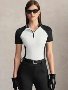 Activina 女款黑白對比色立領半拉鍊套頭馬術上衣 短袖 T-shirt 瑜珈健身戶外休閒生活風格 - 黑與白 - 查看 4