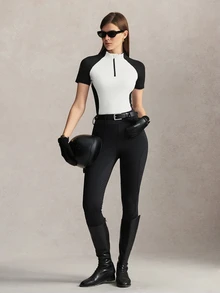 Activina 女款黑白對比色立領半拉鍊套頭馬術上衣 短袖 T-shirt 瑜珈健身戶外休閒生活風格 - 黑與白 - 查看 5
