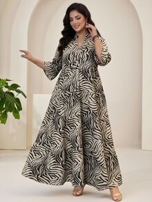 Auveirra 大尺碼復古傳統1920年代優雅斑馬紋度假洋裝 正式辦公室婚禮賓客米色秋季早午餐黑色 - 彩色 - 查看 5