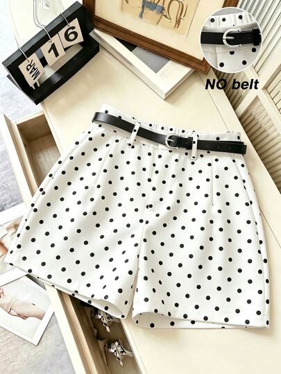 SHEIN Franclia Women's Gray Button Black Polka Dot Mid-Waist Straight Leg Wide Leg Sports Shorts, Versatile Commute Office Daily Shorts, 2026 Summer Autumn Formal Occasion Evening Wear