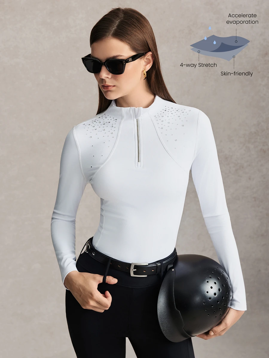 Activina Women's White Rhinestone Embellished Stand Collar Long Sleeve Zip-Up T-Shirt Equestrian Top Chic For Daily Wear Old Money Gym Horse Riding - White - View 1
