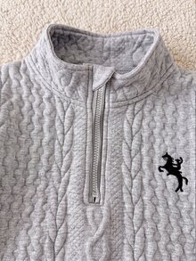 小男孩麻花編織長袖上衣褲子套裝，舒適馬匹刺繡校園風半拉鍊休閒運動套裝 - 灰色 - 查看 4