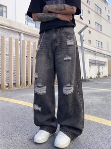 Manfinity EMRG 男士復古灰色水洗做舊破洞龐克風寬腿牛仔褲 - 淺灰色 - 查看 4