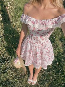 Glamine Charm Off-Shoulder Rose Print Lace Trim Mini Dress,Princess Aesthetic White And Pink Summer Cottage Core Tea Party Dress With Ruffles Garden Parties - Multicolor - View 7