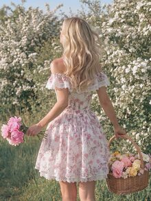 Glamine Charm Off-Shoulder Rose Print Lace Trim Mini Dress,Princess Aesthetic White And Pink Summer Cottage Core Tea Party Dress With Ruffles Garden Parties - Multicolor - View 3
