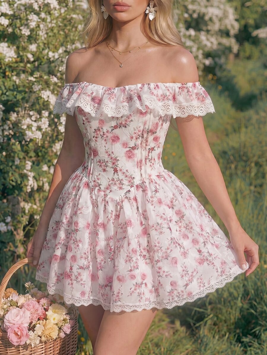 Glamine Charm Off-Shoulder Rose Print Lace Trim Mini Dress,Princess Aesthetic White And Pink Summer Cottage Core Tea Party Dress With Ruffles Garden Parties