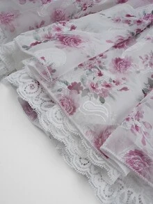 Glamine Charm Off-Shoulder Rose Print Lace Trim Mini Dress,Princess Aesthetic White And Pink Summer Cottage Core Tea Party Dress With Ruffles Garden Parties - Multicolor - View 11