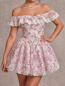 Glamine Charm Off-Shoulder Rose Print Lace Trim Mini Dress,Princess Aesthetic White And Pink Summer Cottage Core Tea Party Dress With Ruffles Garden Parties - Multicolor - View 6