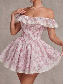 Glamine Charm Off-Shoulder Rose Print Lace Trim Mini Dress,Princess Aesthetic White And Pink Summer Cottage Core Tea Party Dress With Ruffles Garden Parties - Multicolor - View 5