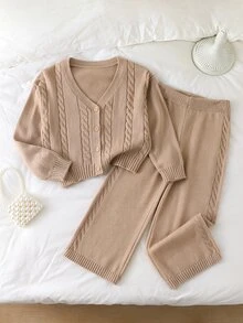 Young Girl Cable Texture Long Sleeve Cardigan & Pants Knit Set Suitable For Autumn/Winter,Back To School Clothes Girls - Khaki - View 3