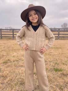 Young Girl Cable Texture Long Sleeve Cardigan & Pants Knit Set Suitable For Autumn/Winter,Back To School Clothes Girls - Khaki - View 7