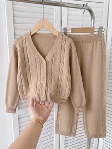 Young Girl Cable Texture Long Sleeve Cardigan & Pants Knit Set Suitable For Autumn/Winter,Back To School Clothes Girls - Khaki - View 1