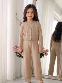 Young Girl Cable Texture Long Sleeve Cardigan & Pants Knit Set Suitable For Autumn/Winter,Back To School Clothes Girls - Khaki - View 8