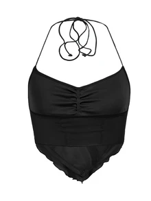 SHEIN ICON Ruched Tie Backless Hanky Hem Mesh Halter Y2k Top - Black - View 2