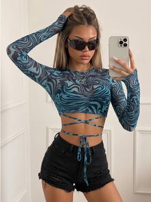 SHEIN ICON Tie Front Marble Print Sheer Mesh Top Without Bra - Blue - View 1