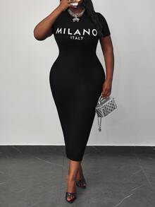 Hourglow Dollyholly86 Casual Minimalist "MILANO" Graphic Plus Size Slim Fit Round Neck Short Sleeve Mid-Length Dress, Suitable For Summer Suitable For Going Out, For Hourglass Body Shape - Black - View 5