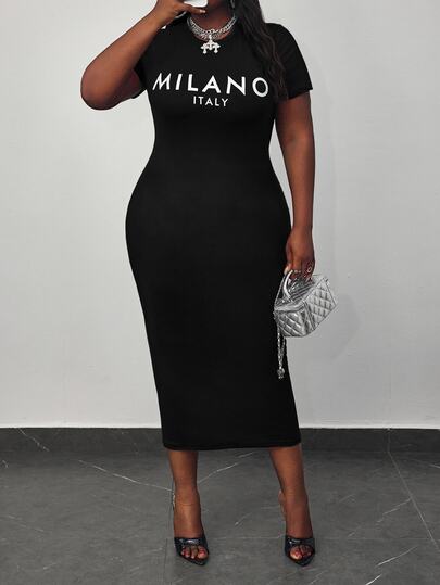 Hourglow Dollyholly86 Casual Minimalist "MILANO" Graphic Plus Size Slim Fit Round Neck Short Sleeve Mid-Length Dress, Suitable For Summer Suitable For Going Out, For Hourglass Body Shape