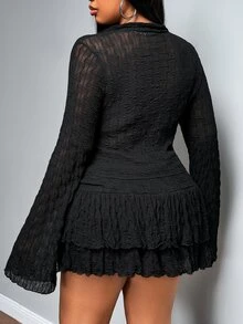 Truni Plus Size Lettuce Edge Asymmetric Hem See-Through Top (Without Bra) , Double Layer Cake Skirt Two Pieces Set, Suitable For Autumn, For Pear Triangle Body Shape - Black - View 2