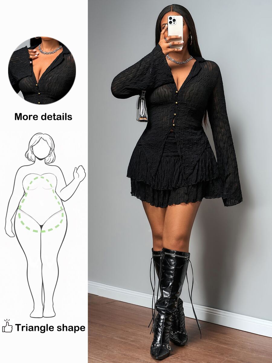 Truni Plus Size Lettuce Edge Asymmetric Hem See-Through Top (Without Bra) , Double Layer Cake Skirt Two Pieces Set, Suitable For Autumn, For Pear Triangle Body Shape - Black - View 1
