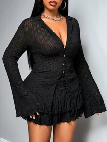 Truni Plus Size Lettuce Edge Asymmetric Hem See-Through Top (Without Bra) , Double Layer Cake Skirt Two Pieces Set, Suitable For Autumn, For Pear Triangle Body Shape - Black - View 4