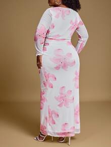 Hourglow Allicaitlin Plus Size Elegant Romantic Date Floral Print Ruffle Long Sleeve Mesh Dress For Women, Early Autumn, For Hourglass Body Shape - Multicolor - View 2