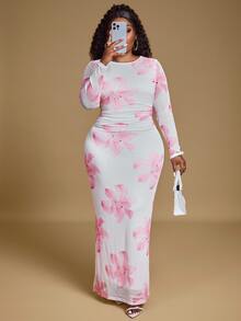 Hourglow Allicaitlin Plus Size Elegant Romantic Date Floral Print Ruffle Long Sleeve Mesh Dress For Women, Early Autumn, For Hourglass Body Shape - Multicolor - View 4