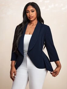 Truni Plus Shawl Collar Open Front Blazer Without Cami Top In Fall/Winter, For Pear Triangle Body Shape - Navy Blue - View 4