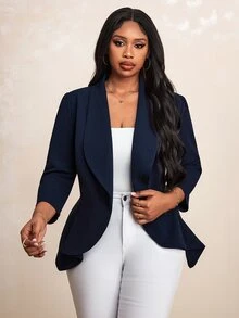 Truni Plus Shawl Collar Open Front Blazer Without Cami Top In Fall/Winter, For Pear Triangle Body Shape - Navy Blue - View 2