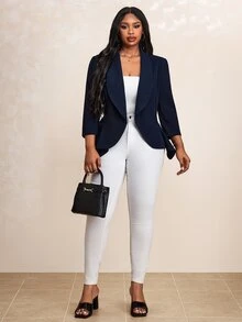 Truni Plus Shawl Collar Open Front Blazer Without Cami Top In Fall/Winter, For Pear Triangle Body Shape - Navy Blue - View 6