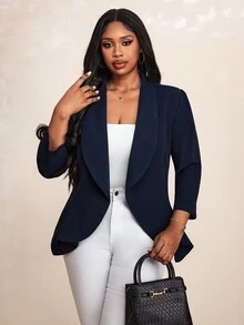 Truni Plus Shawl Collar Open Front Blazer Without Cami Top In Fall/Winter, For Pear Triangle Body Shape - Navy Blue - View 8