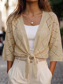 SHEIN Women's Minimalist Vacation Tie-Up Hollow Knit Top For Daily Beach Wear - Khaki - View 3