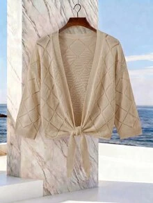 SHEIN Women's Minimalist Vacation Tie-Up Hollow Knit Top For Daily Beach Wear - Khaki - View 6