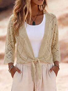 SHEIN Women's Minimalist Vacation Tie-Up Hollow Knit Top For Daily Beach Wear - Khaki - View 4