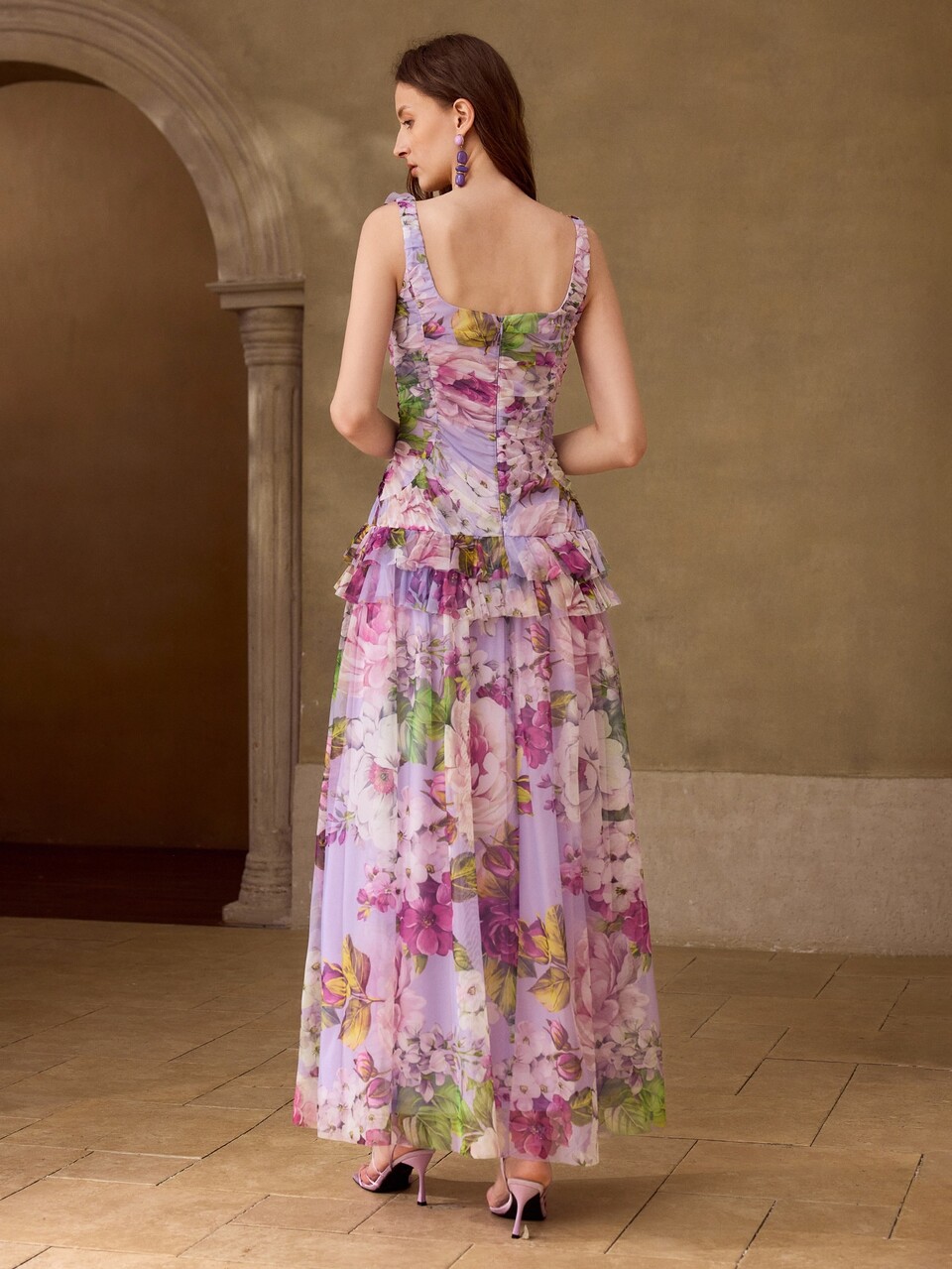 MOTF SPRING/SUMMER WOMEN'S PLEATED CHIFFON RUFFLE DESIGN STRUCTURED WAIST LONG DRESS
